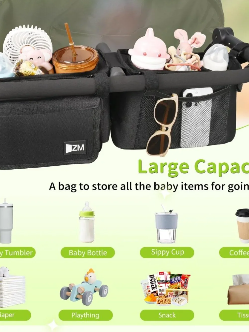 Black Double Stroller Organizer Compatible with 26-31 Inch Handlebar
